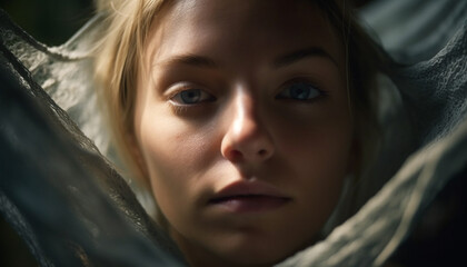 Cute blond beauty looking sad at camera   generated by AI