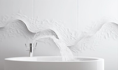  a white sink with a faucet running from it's faucet and a white wall in the background with a wavy design.  generative ai