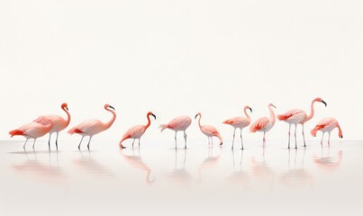  a group of pink flamingos standing in a line on a white surface with a reflection of them in the water and one flamingo looking at the camera.  generative ai