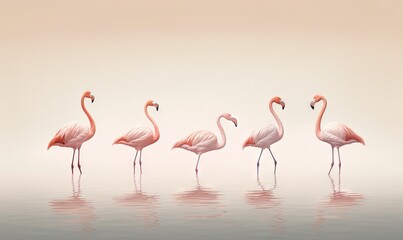 Fototapeta na wymiar a group of flamingos standing in the water with their beaks in the air and facing the opposite direction of the camera in the same direction. generative ai