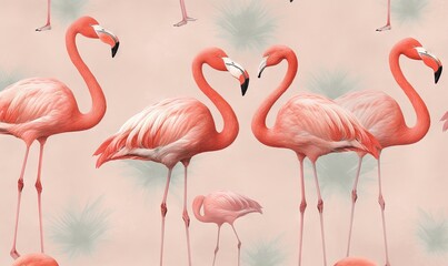  a group of flamingos standing next to each other on a pink background with palm leaves and a pink background with a pink background with pink flamingos.  generative ai