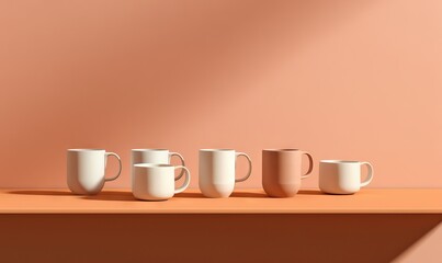  a row of coffee cups sitting on top of a wooden table next to a pink wall with a shadow on the wall behind them and a shadow on the wall.  generative ai