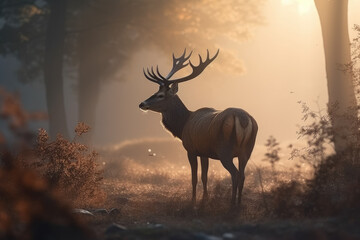 A majestic deer standing in the forest against the backdrop of a rising sun. The tranquil scene captures the beauty of nature as the deer gracefully. Generative Ai, Ai.