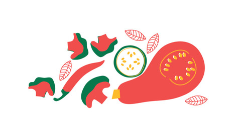 Abstract appetizing Vegetables collection. Decorative abstract horizontal banner with colorful doodles. Hand-drawn modern illustrations with Vegetables, abstract elements. Cucumber, peas, pepper.