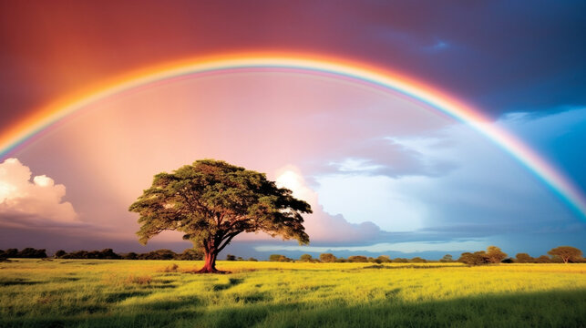 A radiant rainbow stretching across the horizon after a refreshing rainfall, painting the sky with its brilliant colors, a symbol of hope and joy Generative AI