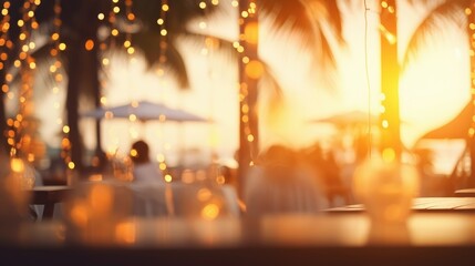 a photograph of a beach restaurant at sunset in summer with bokeh