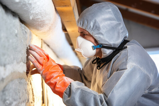 Insulation worker in protective clothing examining foam isolation installed on a wall. Generative AI