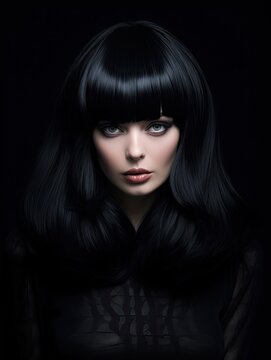 Fashion portrait of beautiful young woman with long black hair. Studio shot