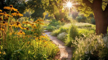 Bathed in golden sunlight, a tranquil garden showcases an array of vibrant medicinal plants, their vibrant hues symbolizing nature's healing power, inviting visitors to embrace the Generative AI