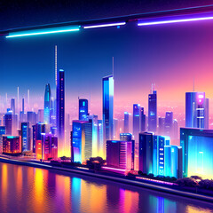 Beautiful stylish night city in cyberpunk style neon blue tones atmosphere of the future, Generative AI