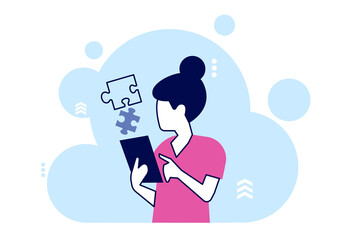 Vector of a young woman using tablet computer app solving a problem