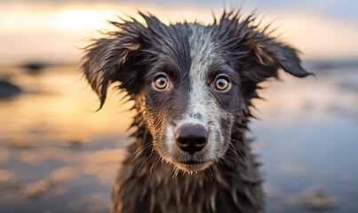  a wet black and white dog looking at the camera with a blurry background of water and rocks in the foreground, with the sky and clouds in the background.  generative ai