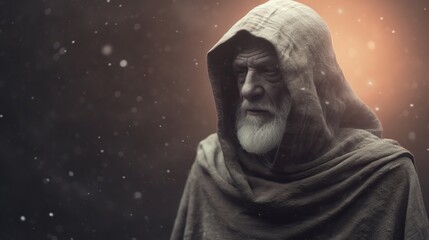 Senior monk in hood. Elderly bearded male hermit in hooded looking down. Generative AI. Illustration for banner, poster, cover, brochure or presentation. - obrazy, fototapety, plakaty