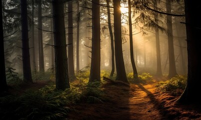 Fototapeta premium a trail in the woods with sun shining through the trees and fog in the air above the trees and grass on the ground, with a trail in the foreground. generative ai
