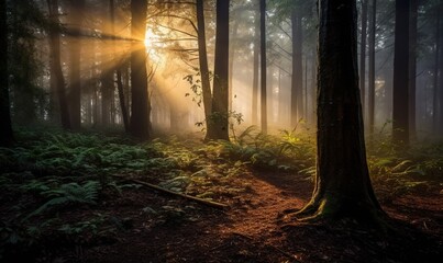 Naklejka premium the sun shines through the fog in the forest on a trail through the woods, with ferns and ferns on the ground and on the ground. generative ai