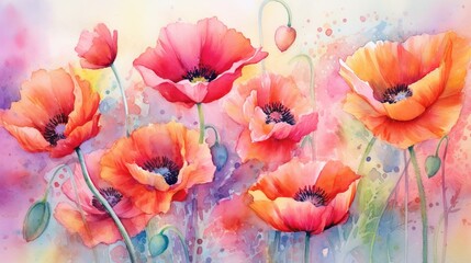 Striking Poppies in Bold Colors watercolor. AI generated