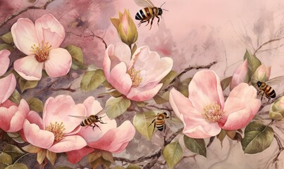 Obraz na płótnie Canvas a painting of pink flowers and bees on a branch with leaves and flowers in the foreground, with a pink sky in the background. generative ai