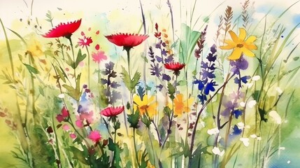 Swaying Wildflowers in the Wind watercolor. AI generated