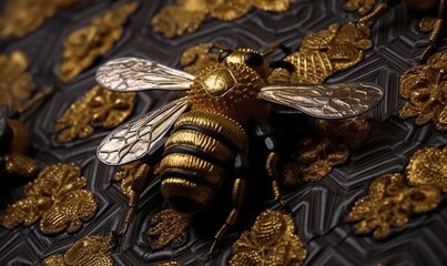  a close up of a gold and black bee on a black and gold wallpapered surface with gold flowers and leaves on it's surface.  generative ai