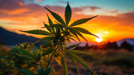 A cannabis leaf being gently grasped against the backdrop of a vibrant sunset. Generative AI