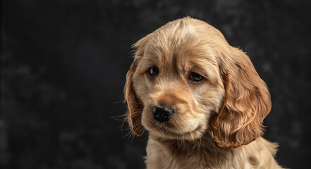 Cocker Spaniel puppy dog licking his lips isolated against a dark background. Long banner format