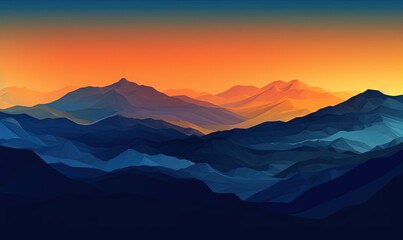  a mountain range with a sunset in the background and a blue sky with orange and yellow colors in the foreground, with the sun setting in the distance.  generative ai