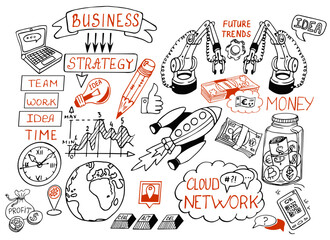 Business doodle sketch set: infographics elements isolated, vector shapes. It include lots of icons included graphs, stats, devices, chart, concepts, strategy. Vector hand drawn blueprint illustration