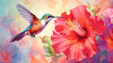 Vibrant Hues on a Hummingbird and Hibiscus watercolor. AI generated