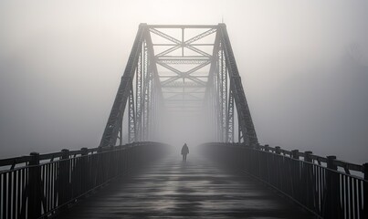  a person is walking across a bridge in the foggy day with the sun shining on the bridge and the fog is covering the bridge.  generative ai