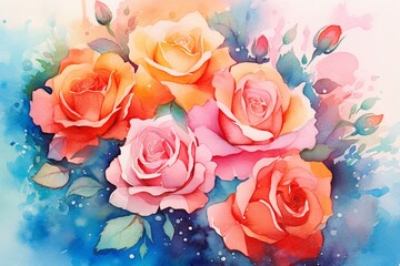 Fototapeta premium Vibrant Roses watercolor illustration. AI generated
