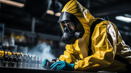 A chemical expert dressed in protective attire, including a safety suit and a gas mask, is examining a chemical leakage in an industrial factory. Generative AI