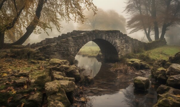  a stone bridge over a small stream in a park with trees and rocks on both sides of the bridge and fog in the sky above.  generative ai