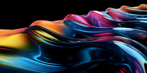 Colorful chromatic wavy glass on black background. Panoramic wallpaper. Generative AI - obrazy, fototapety, plakaty