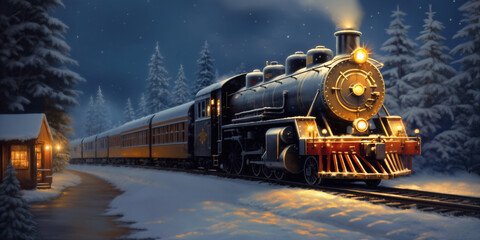 Christmas train in the snow forest. Locomotive rides among the snowy trees. Winter Landscape. Christmas night. Generative AI