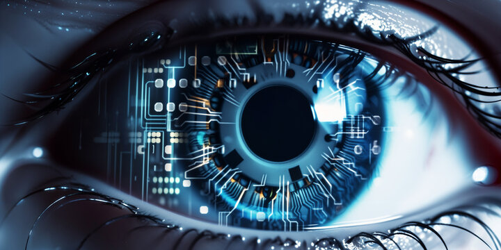 Close-up of an cyborg eye with high tech electronic pupil. Generative AI