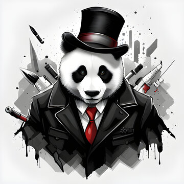 a panda with the look of a smoking gangster, a realistic image with a cyber punk feel