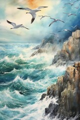 Fototapeta na wymiar Watercolor breathtaking ocean view with seagulls soa. AI generated
