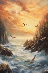 Watercolor breathtaking ocean view with seagulls soa. AI generated
