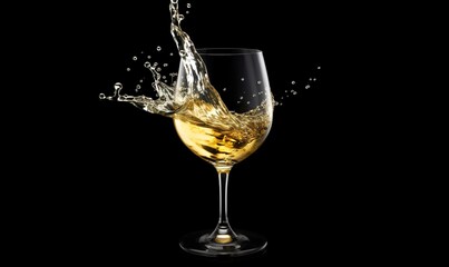 a glass of white wine is being poured into the wine glass with a splash of water on the side of the glass and on the side of the glass is a black background.  generative ai