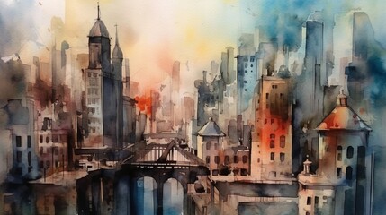 Fototapeta na wymiar Watercolor captivating cityscape in watercolor form. AI generated