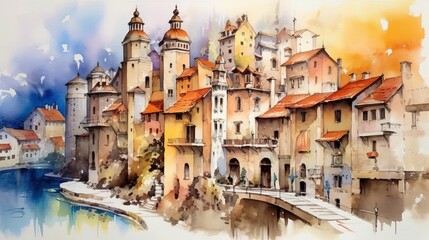 Watercolor captivating cityscape in watercolor form. AI generated