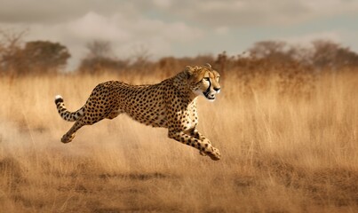 Obraz premium a cheetah running through a field of tall grass. generative ai