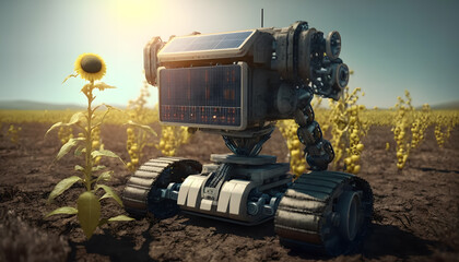 Industrial modern 4.0 agriculture modern farm with robots drone. Concept technology innovations farming. Generation AI.