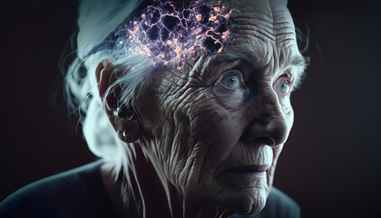 Concept dementia, memory loss. Senior old woman losing parts of head as symbol of decreased mind function. Generation AI