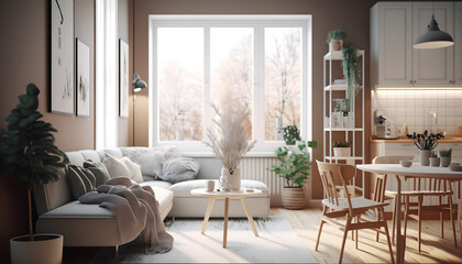 Classic Scandinavian kitchen with wooden and white details, minimalistic life interior design. Generation AI