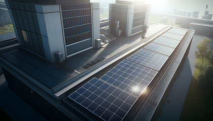Fototapeta premium Modern solar panels on the roof of industry manufacturing, sunset light. Concept eco green renewable energy for factory. Generation AI