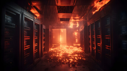 Fototapeta premium Server room Burning. Data center and supercomputer technology burn with fire. Generation AI