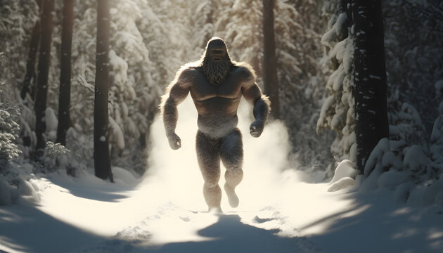 Mysterious creature bigfoot in middle of winter forest with sun light. Generation AI