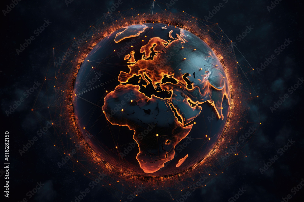 Wall mural global network connection covering the earth with lines of innovative perceptron. generative ai