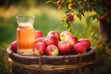 Delicious ripe apples and glass of juice on apple garden background in summer. Generative AI